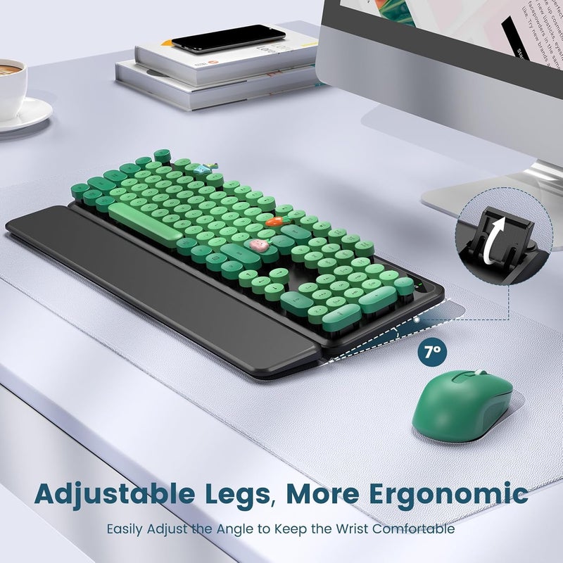 SABLUTE Wireless Keyboard and Mouse Combo-Round Keycaps, Full-Size Retro Typewriter Keyboard with Detachable Wrist Rest, Sleep Mode & Tilt Legs, 2.4GHz Cordless Connection for Mac/Windows/PC (Black & Green) - Image 3